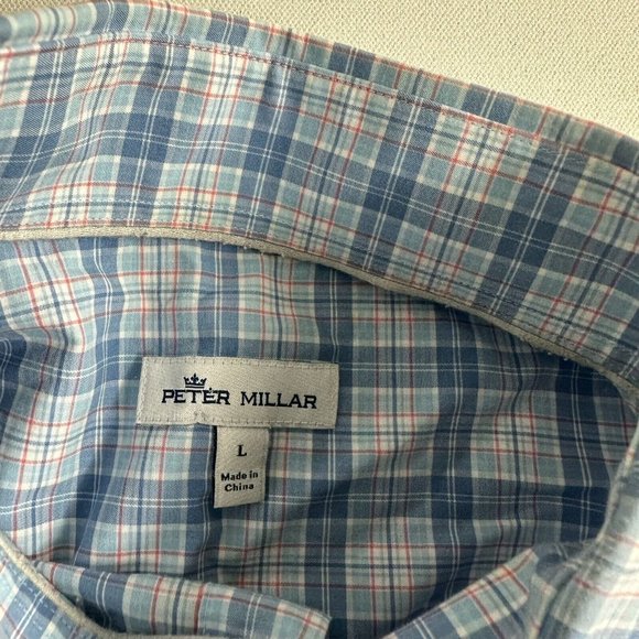 Peter Millar Button Down Shirt Large Blue Plaid Performance Stretch Cotton Mens - Picture 6 of 9